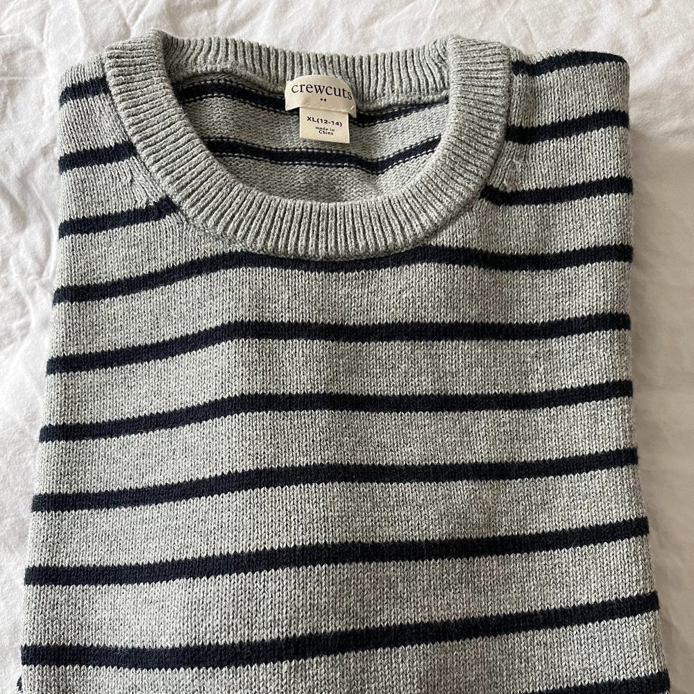 J. Crew Crewcuts Gray/Navy Crewneck Striped Sweater  boys kids XL 12-14